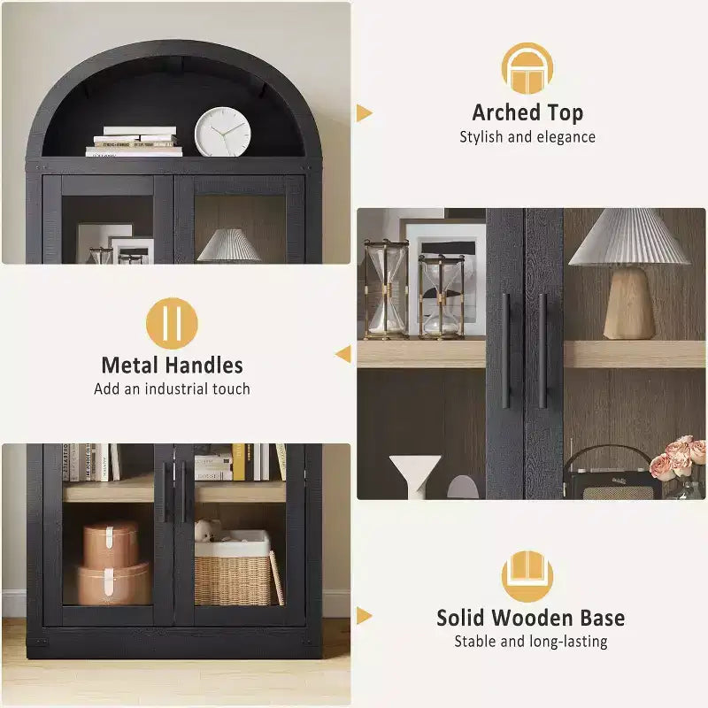 72 Arched Bookshelf with 4 Doors - Modern Farmhouse Bookcase with Open Shelf for Living Room & Bedroom (Black)