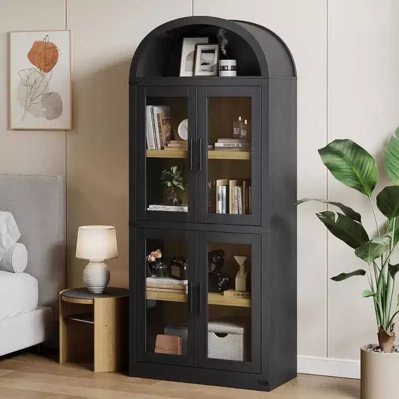72 Arched Bookshelf with 4 Doors - Modern Farmhouse Bookcase with Open Shelf for Living Room & Bedroom (Black)