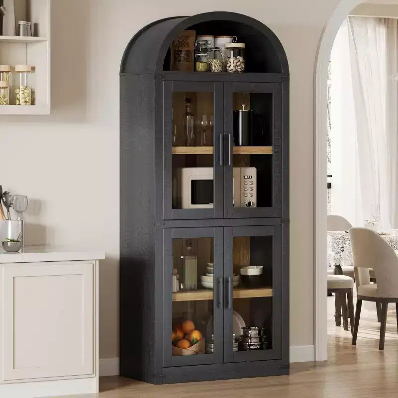 72 Arched Bookshelf with 4 Doors - Modern Farmhouse Bookcase with Open Shelf for Living Room & Bedroom (Black)