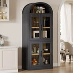 72 Arched Bookshelf with 4 Doors - Modern Farmhouse Bookcase with Open Shelf for Living Room & Bedroom (Black)