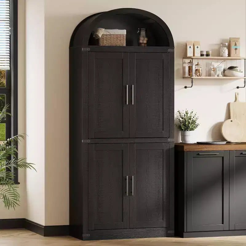 72 Arched Bookshelf with 4 Doors - Modern Farmhouse Bookcase with Open Shelf for Living Room & Bedroom (Black)