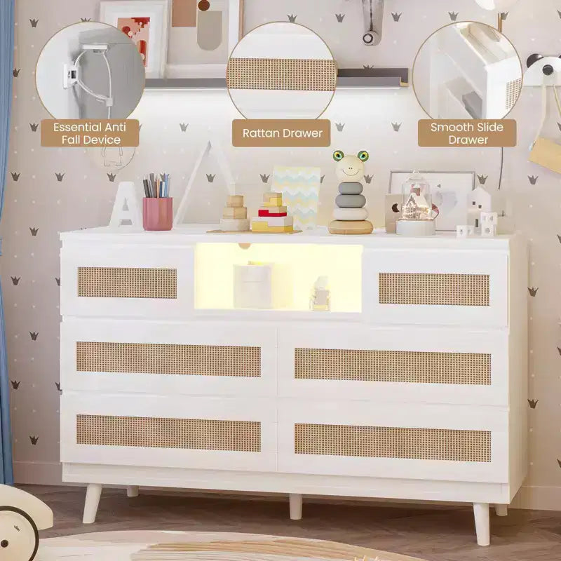 Rattan Dresser with 6 Drawers, Natural Wood Durable Dressers, 6 Chests of Drawers, TV Stand, Storage Cabinet for Nursery, Entryway, Bedroom,Hallway