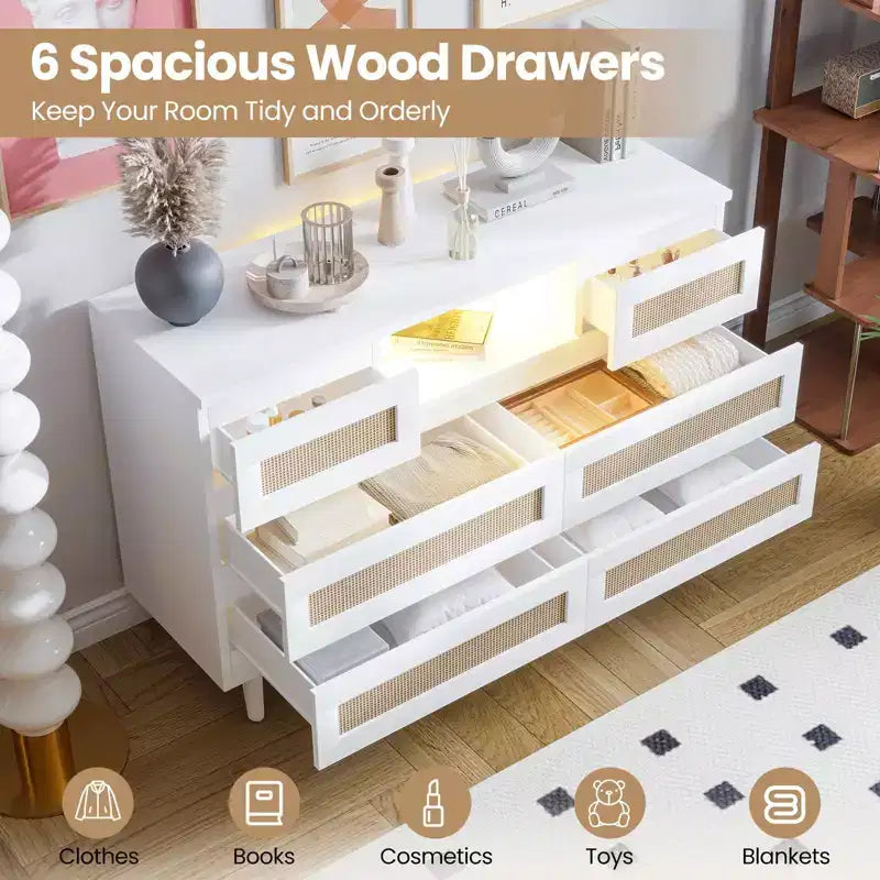 Rattan Dresser with 6 Drawers, Natural Wood Durable Dressers, 6 Chests of Drawers, TV Stand, Storage Cabinet for Nursery, Entryway, Bedroom,Hallway