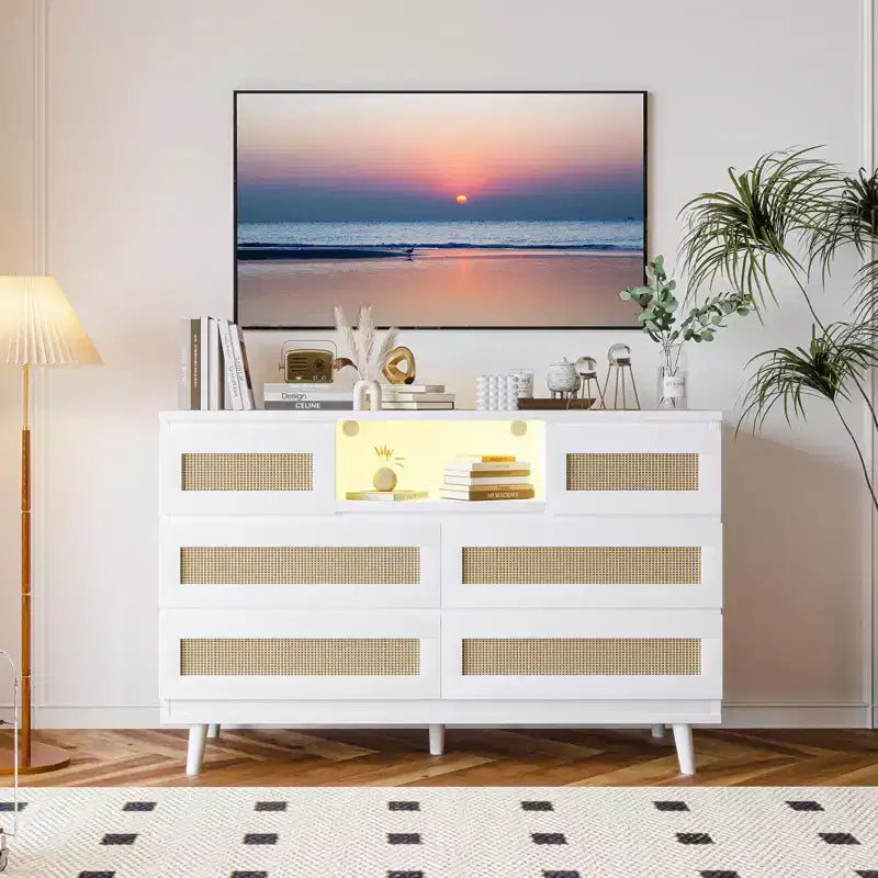 Rattan Dresser with 6 Drawers, Natural Wood Durable Dressers, 6 Chests of Drawers, TV Stand, Storage Cabinet for Nursery, Entryway, Bedroom,Hallway