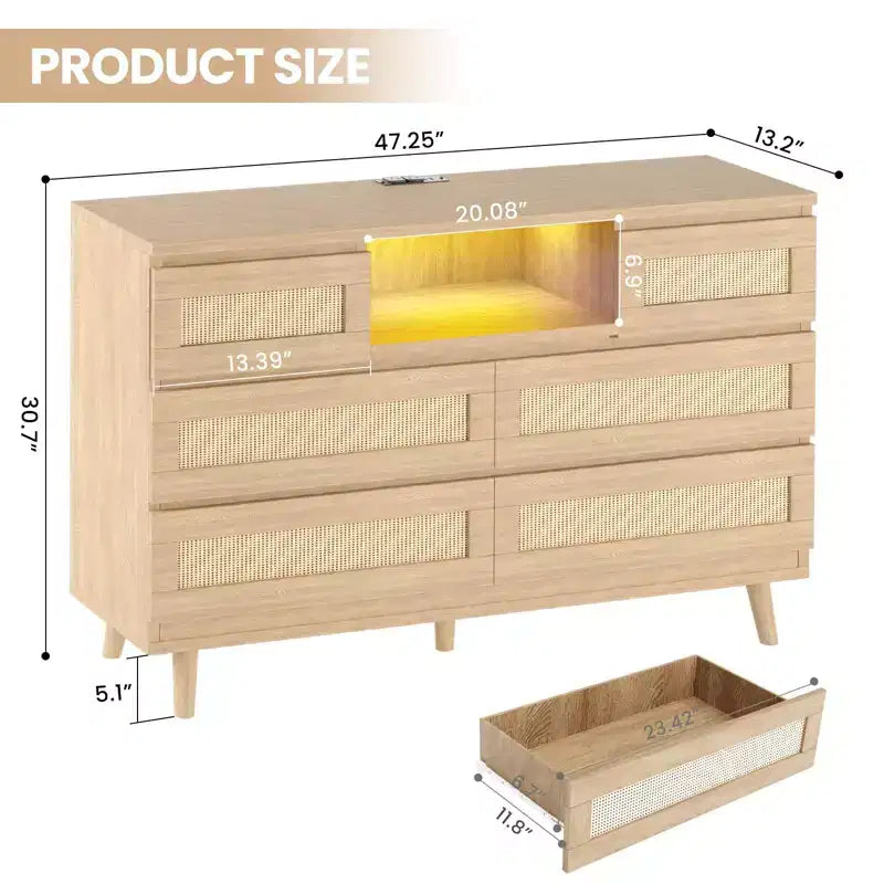 Rattan Dresser with 6 Drawers, Natural Wood Durable Dressers, 6 Chests of Drawers, TV Stand, Storage Cabinet for Nursery, Entryway, Bedroom,Hallway