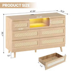 Rattan Dresser with 6 Drawers, Natural Wood Durable Dressers, 6 Chests of Drawers, TV Stand, Storage Cabinet for Nursery, Entryway, Bedroom,Hallway