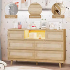 Rattan Dresser with 6 Drawers, Natural Wood Durable Dressers, 6 Chests of Drawers, TV Stand, Storage Cabinet for Nursery, Entryway, Bedroom,Hallway