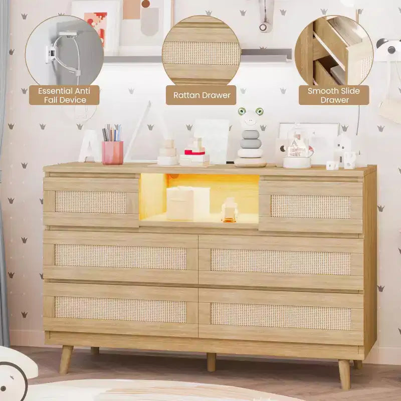 Rattan Dresser with 6 Drawers, Natural Wood Durable Dressers, 6 Chests of Drawers, TV Stand, Storage Cabinet for Nursery, Entryway, Bedroom,Hallway