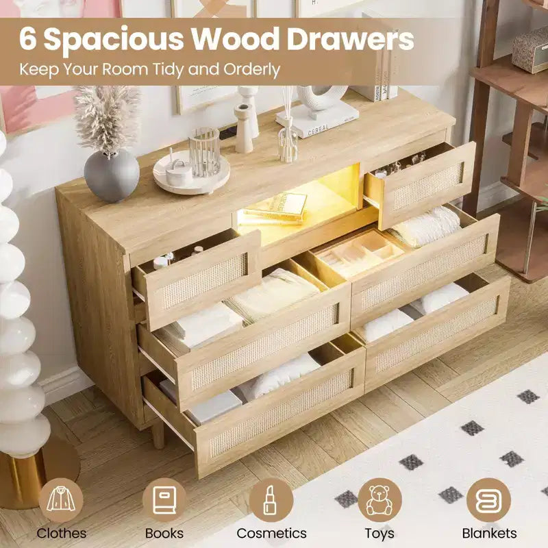 Rattan Dresser with 6 Drawers, Natural Wood Durable Dressers, 6 Chests of Drawers, TV Stand, Storage Cabinet for Nursery, Entryway, Bedroom,Hallway
