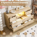 Rattan Dresser with 6 Drawers, Natural Wood Durable Dressers, 6 Chests of Drawers, TV Stand, Storage Cabinet for Nursery, Entryway, Bedroom,Hallway
