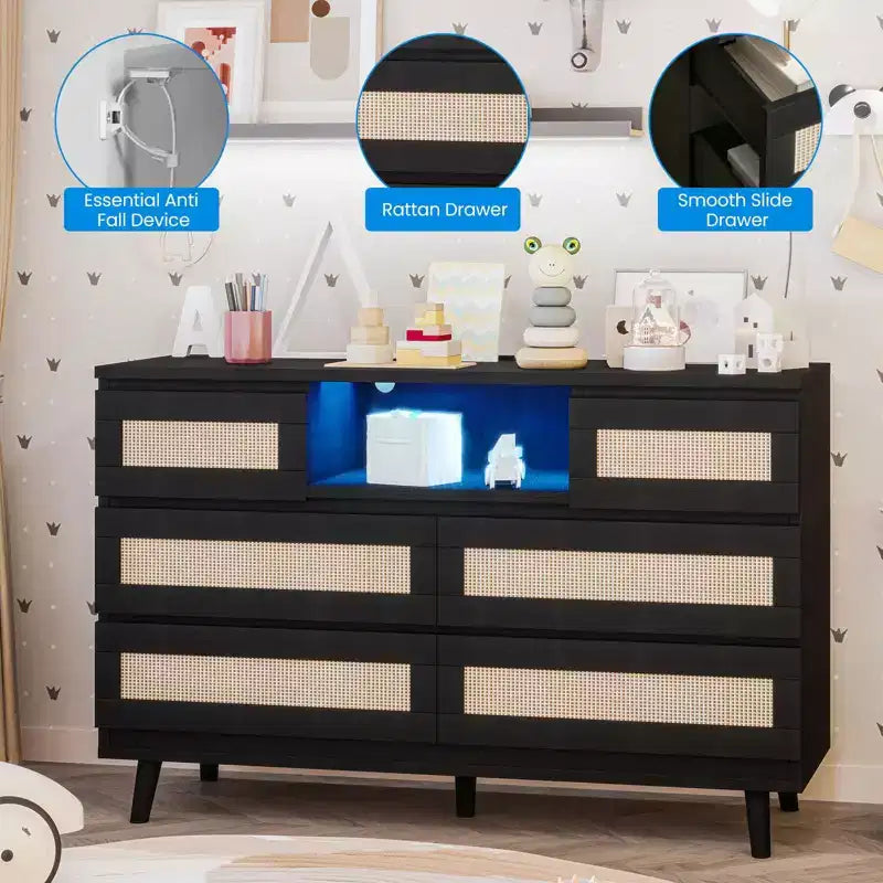 Rattan Dresser with 6 Drawers, Natural Wood Durable Dressers, 6 Chests of Drawers, TV Stand, Storage Cabinet for Nursery, Entryway, Bedroom,Hallway