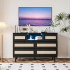 Rattan Dresser with 6 Drawers, Natural Wood Durable Dressers, 6 Chests of Drawers, TV Stand, Storage Cabinet for Nursery, Entryway, Bedroom,Hallway