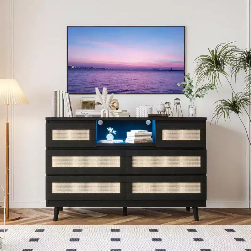 Rattan Dresser with 6 Drawers, Natural Wood Durable Dressers, 6 Chests of Drawers, TV Stand, Storage Cabinet for Nursery, Entryway, Bedroom,Hallway