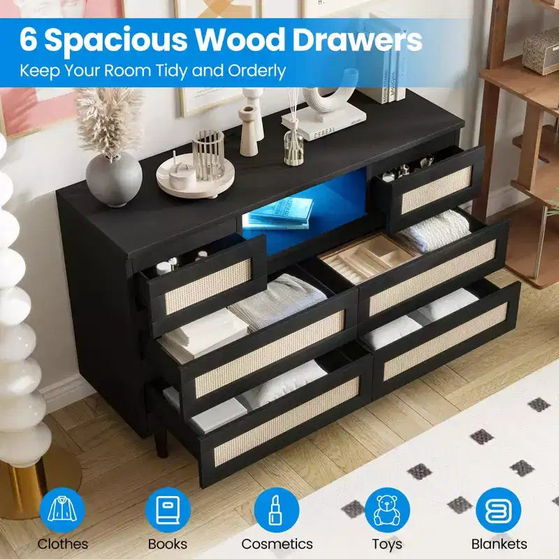 Rattan Dresser with 6 Drawers, Natural Wood Durable Dressers, 6 Chests of Drawers, TV Stand, Storage Cabinet for Nursery, Entryway, Bedroom,Hallway