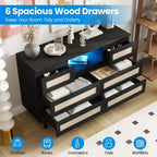 Rattan Dresser with 6 Drawers, Natural Wood Durable Dressers, 6 Chests of Drawers, TV Stand, Storage Cabinet for Nursery, Entryway, Bedroom,Hallway
