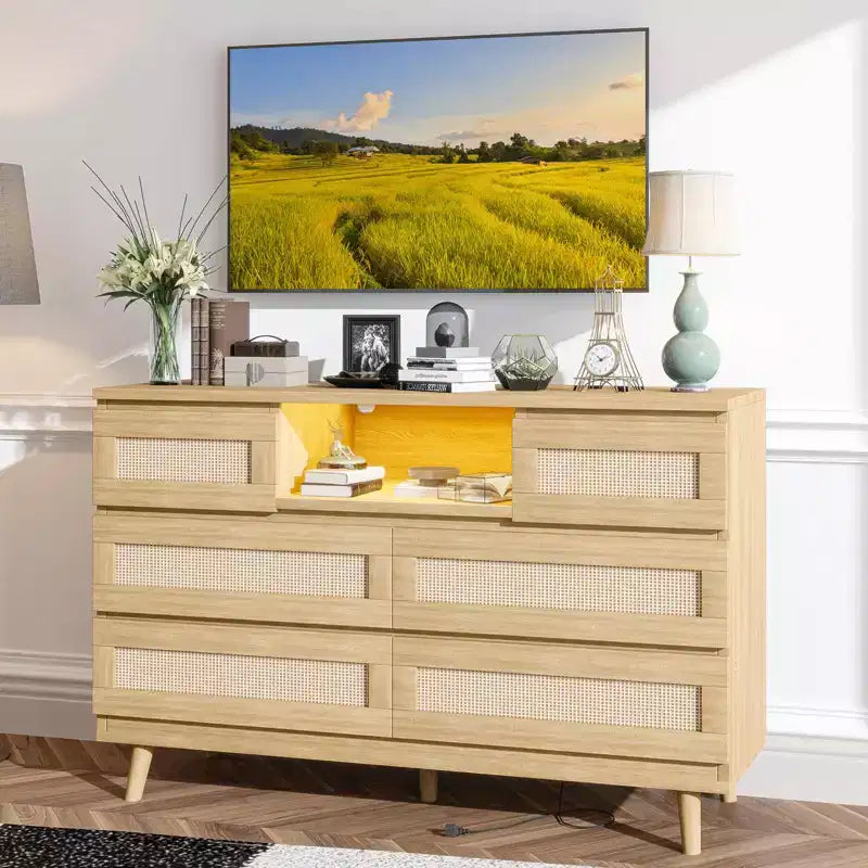 Rattan Dresser with 6 Drawers, Natural Wood Durable Dressers, 6 Chests of Drawers, TV Stand, Storage Cabinet for Nursery, Entryway, Bedroom,Hallway