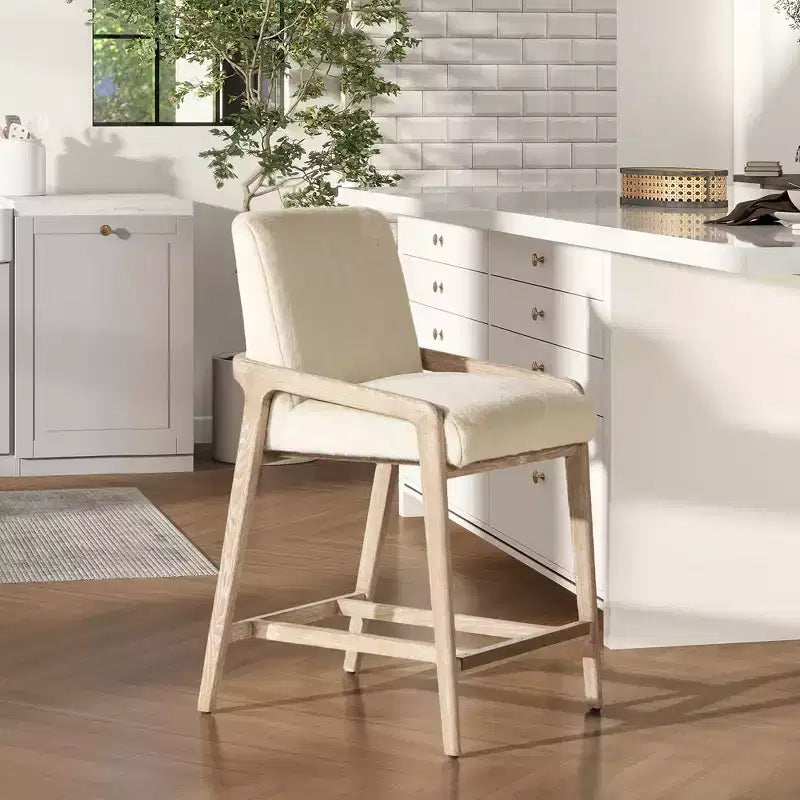 Jennifer Taylor Home Arizona 25.5 Solid Ash Wood Upholstered Counter Stool with Rope Detail, Crme de la Crme White Faux Fur
