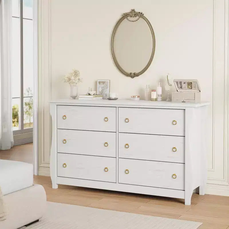 Wood 7-Drawer Dresser - Tall Boho Dresser with Curved Legs, Rattan Accents, and Freestanding Storage