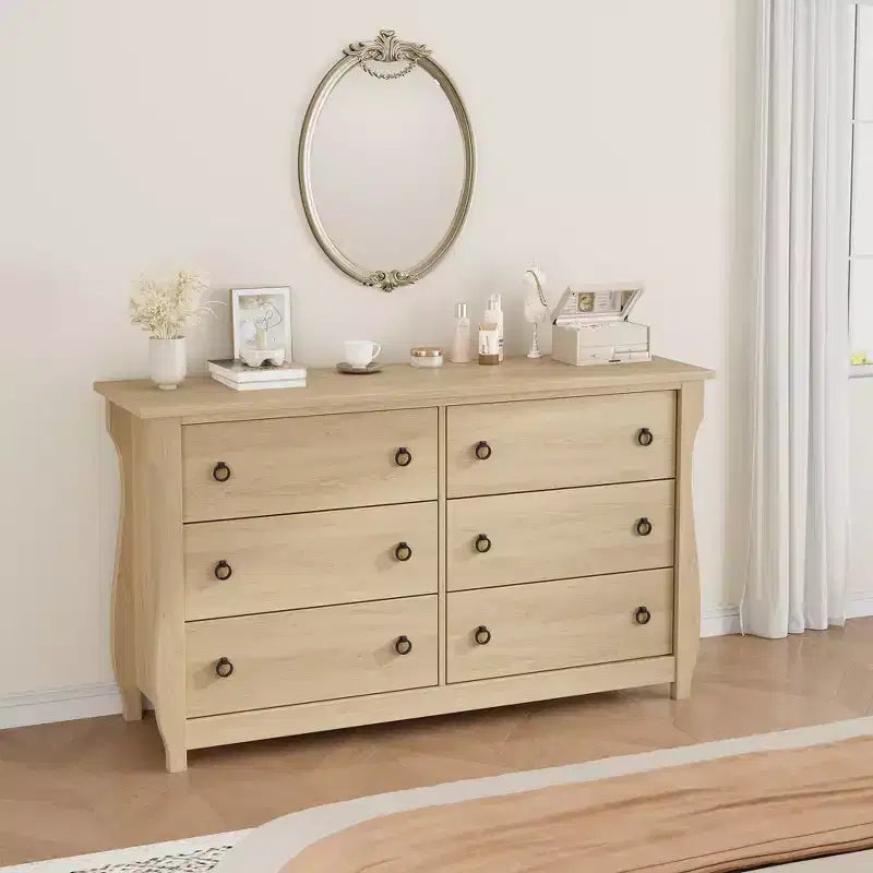 Wood 7-Drawer Dresser - Tall Boho Dresser with Curved Legs, Rattan Accents, and Freestanding Storage
