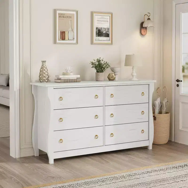 Wood 7-Drawer Dresser - Tall Boho Dresser with Curved Legs, Rattan Accents, and Freestanding Storage