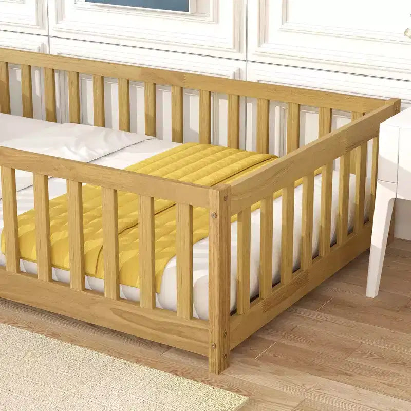 MAYEERTY Twin Floor Bed with Fence without Door, Rubber Wood Floor Guardrails Beige