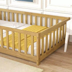 MAYEERTY Twin Floor Bed with Fence without Door, Rubber Wood Floor Guardrails Beige