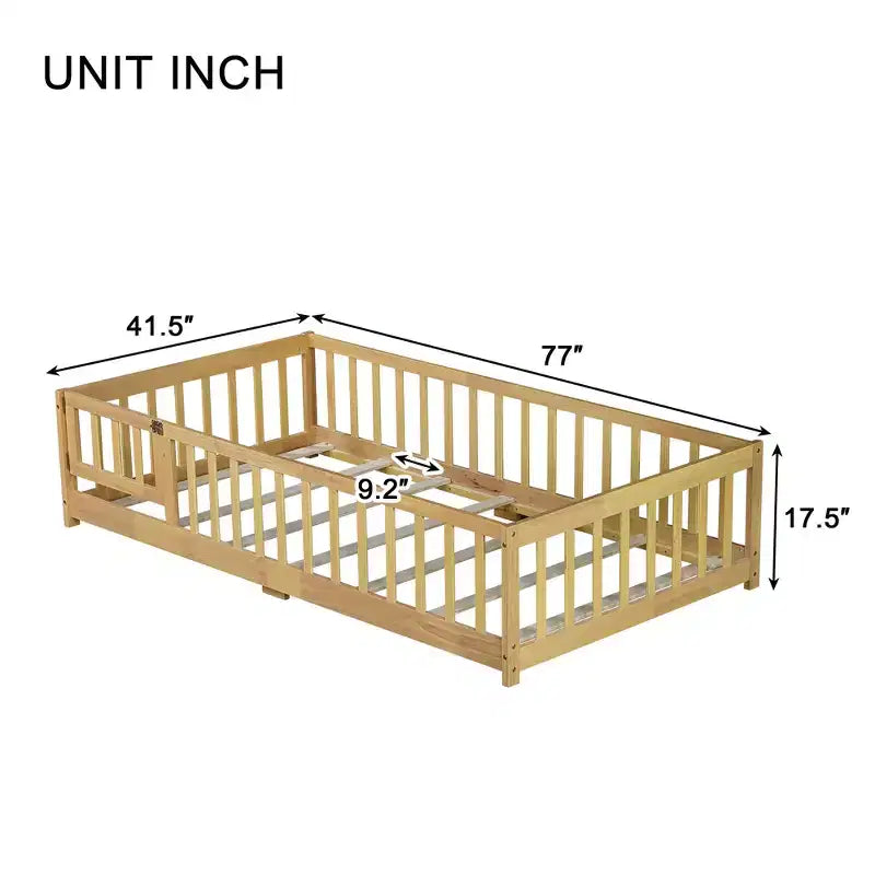 MAYEERTY Twin Floor Bed with Fence without Door, Rubber Wood Floor Guardrails Beige