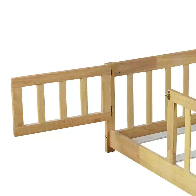 MAYEERTY Twin Floor Bed with Fence without Door, Rubber Wood Floor Guardrails Beige