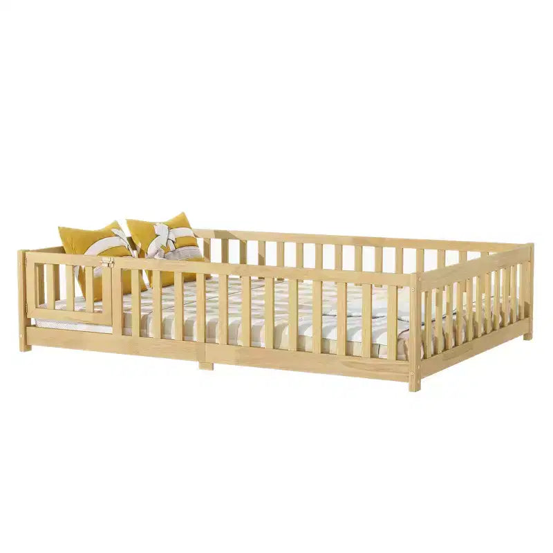 MAYEERTY Twin Floor Bed with Fence without Door, Rubber Wood Floor Guardrails Beige