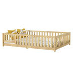 MAYEERTY Twin Floor Bed with Fence without Door, Rubber Wood Floor Guardrails Beige