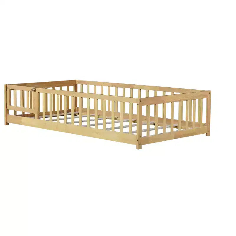 MAYEERTY Twin Floor Bed with Fence without Door, Rubber Wood Floor Guardrails Beige