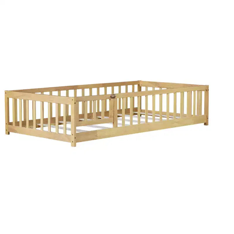 MAYEERTY Twin Floor Bed with Fence without Door, Rubber Wood Floor Guardrails Beige