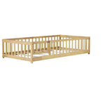 MAYEERTY Twin Floor Bed with Fence without Door, Rubber Wood Floor Guardrails Beige