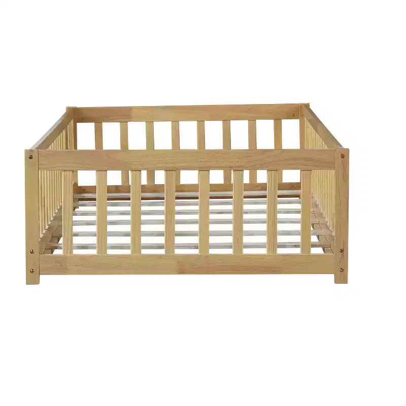 MAYEERTY Twin Floor Bed with Fence without Door, Rubber Wood Floor Guardrails Beige