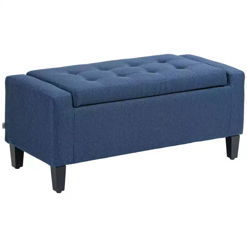 Zeus & Ruta Linen Tufted Lift-Top Storage Upholstered Storage Ottoman Bench for Living Room or Bedroom, Dark Blue