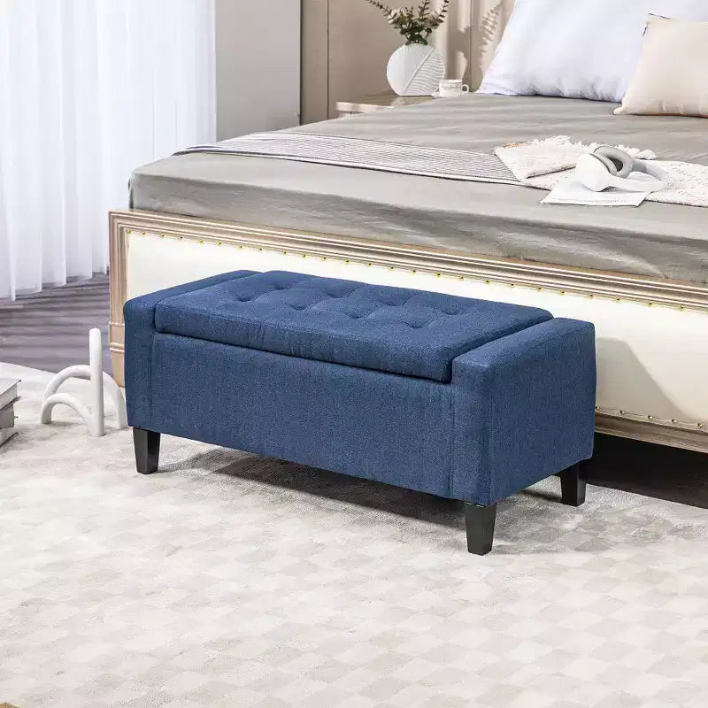 Zeus & Ruta Linen Tufted Lift-Top Storage Upholstered Storage Ottoman Bench for Living Room or Bedroom, Dark Blue