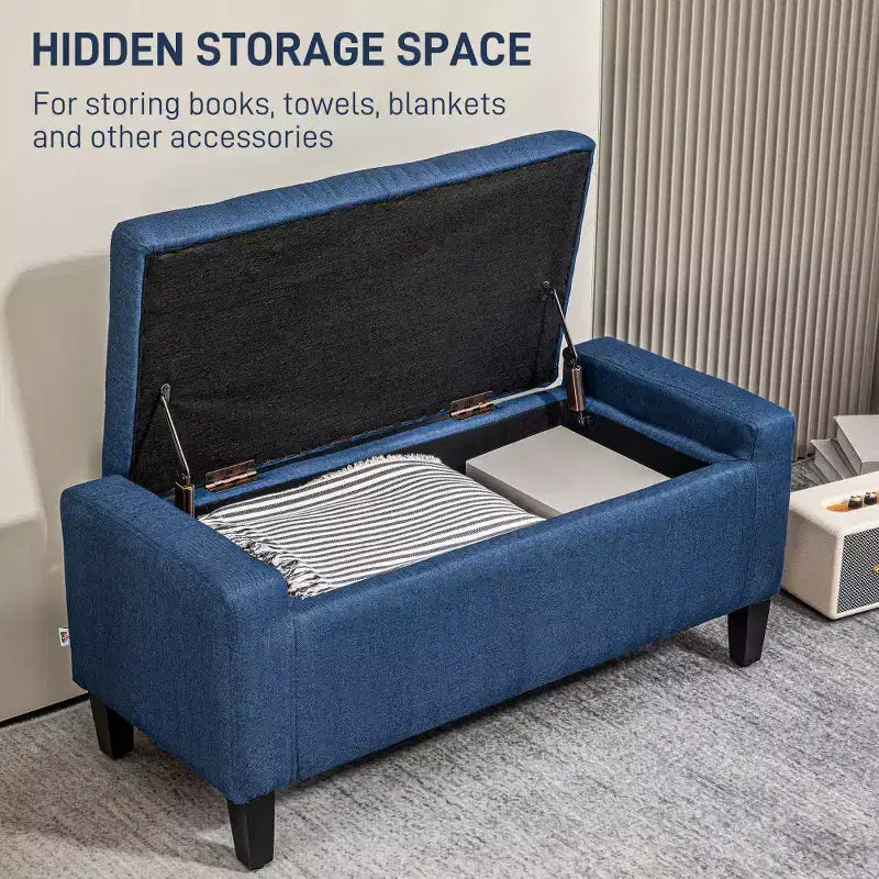 Zeus & Ruta Linen Tufted Lift-Top Storage Upholstered Storage Ottoman Bench for Living Room or Bedroom, Dark Blue
