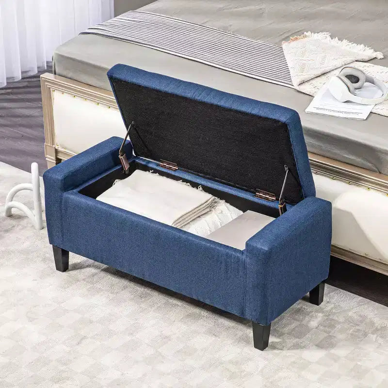 Zeus & Ruta Linen Tufted Lift-Top Storage Upholstered Storage Ottoman Bench for Living Room or Bedroom, Dark Blue