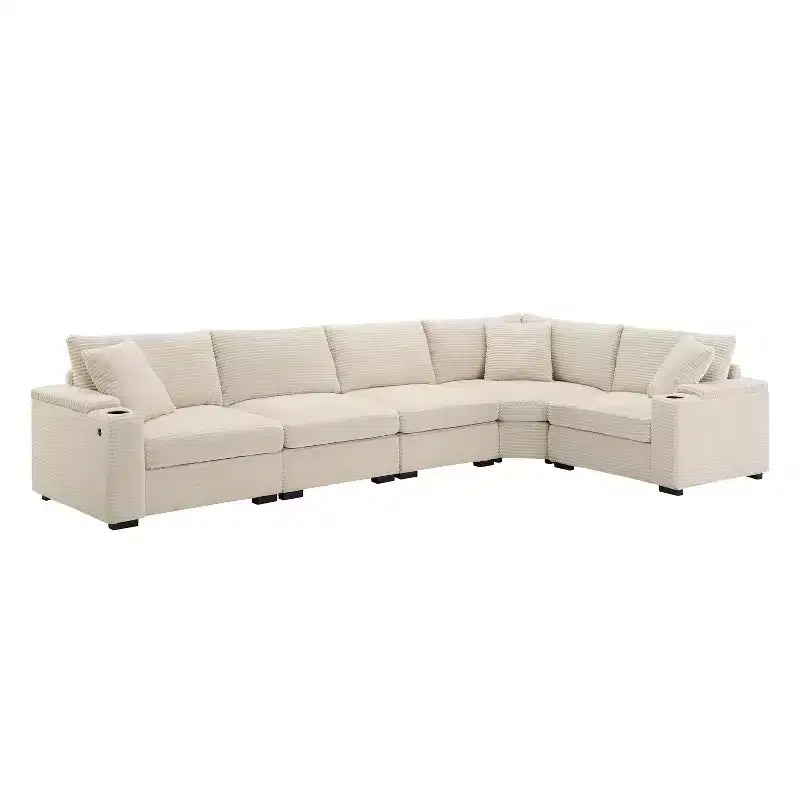 Whisen Oversized Convertible L-shaped Sectional Sofa, Corduroy Corner Couch with Armrest Storage, Cup Holders, USB Charger