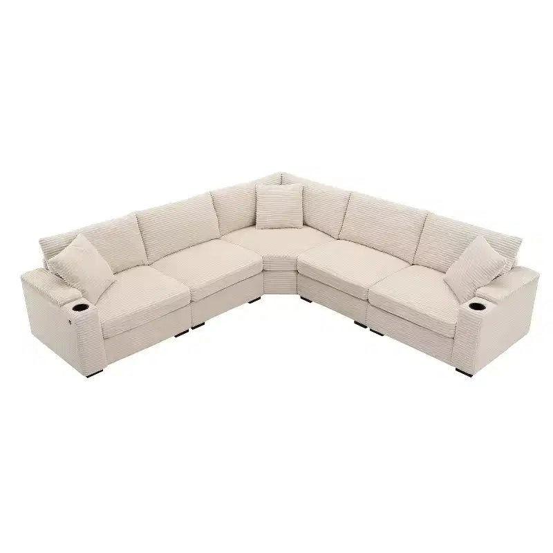 Whisen Oversized Convertible L-shaped Sectional Sofa, Corduroy Corner Couch with Armrest Storage, Cup Holders, USB Charger