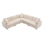 Whisen Oversized Convertible L-shaped Sectional Sofa, Corduroy Corner Couch with Armrest Storage, Cup Holders, USB Charger