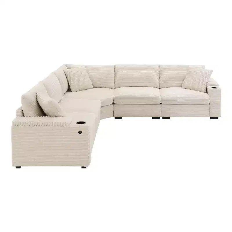 Whisen Oversized Convertible L-shaped Sectional Sofa, Corduroy Corner Couch with Armrest Storage, Cup Holders, USB Charger