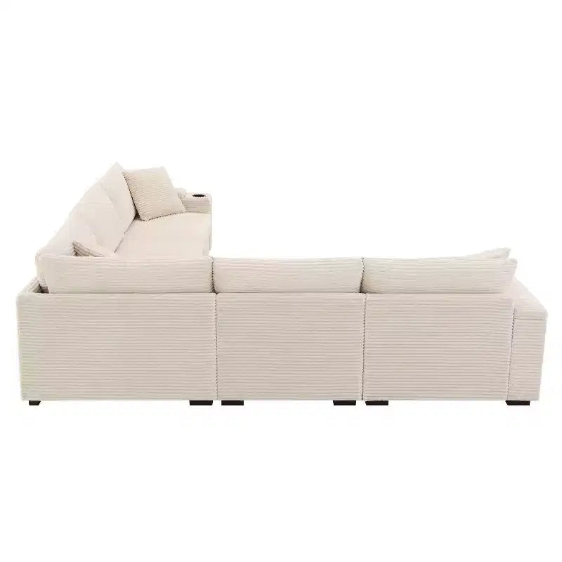 Whisen Oversized Convertible L-shaped Sectional Sofa, Corduroy Corner Couch with Armrest Storage, Cup Holders, USB Charger