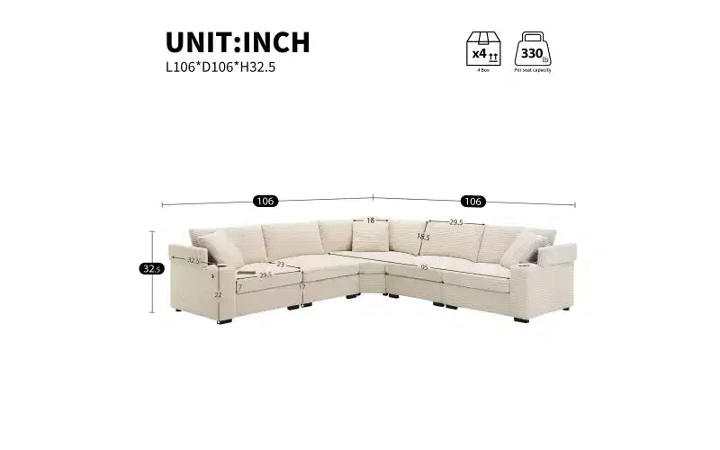 Whisen Oversized Convertible L-shaped Sectional Sofa, Corduroy Corner Couch with Armrest Storage, Cup Holders, USB Charger