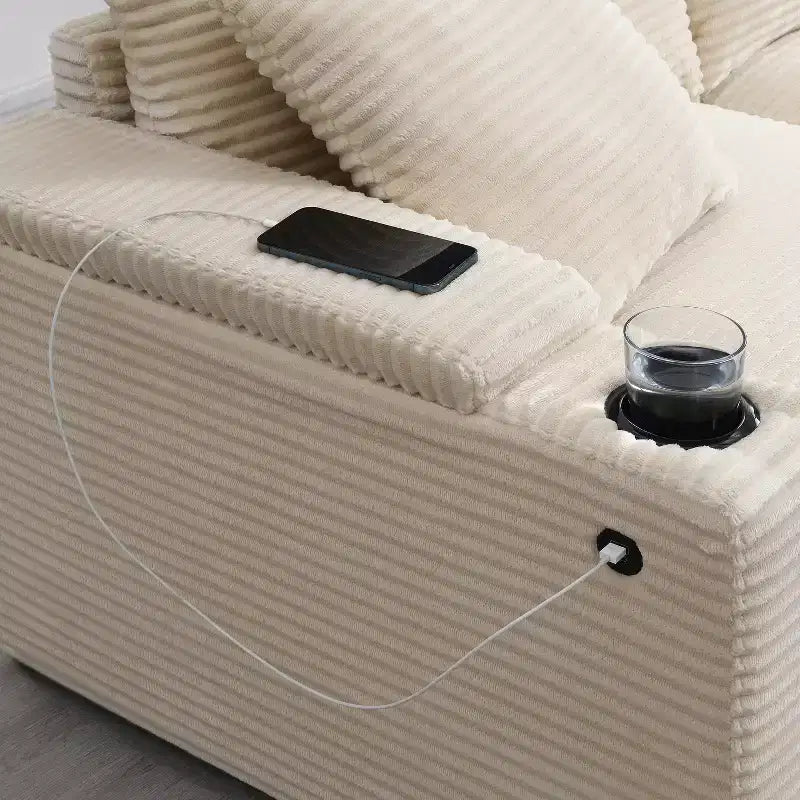 Whisen Oversized Convertible L-shaped Sectional Sofa, Corduroy Corner Couch with Armrest Storage, Cup Holders, USB Charger