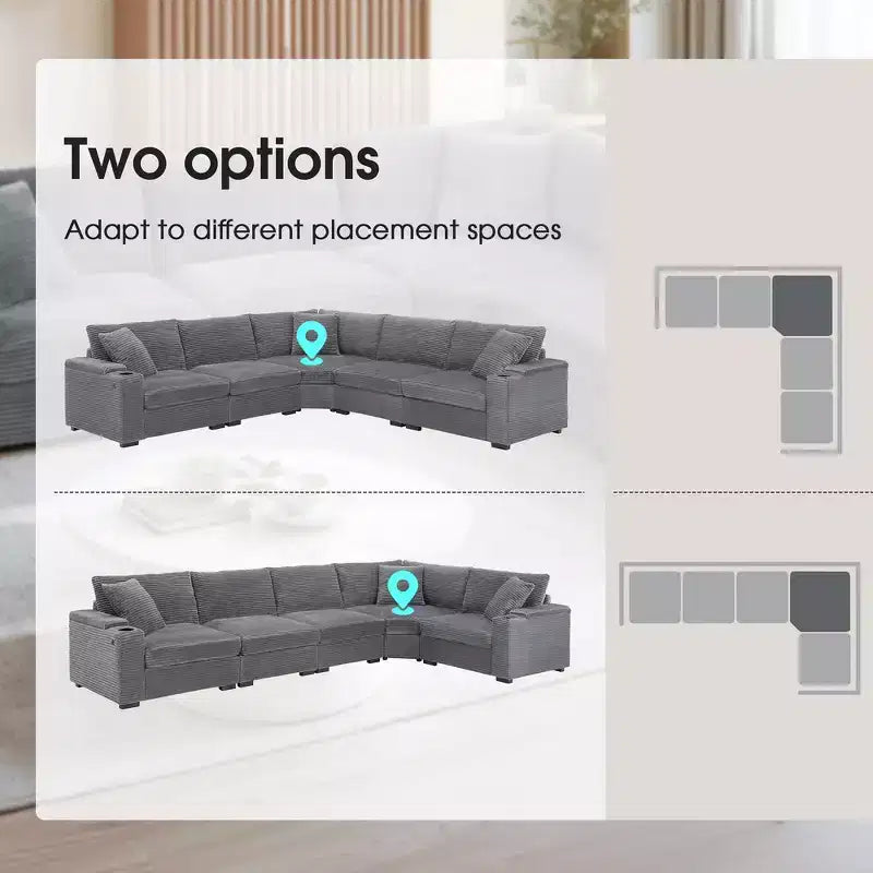 Whisen Oversized Convertible L-shaped Sectional Sofa, Corduroy Corner Couch with Armrest Storage, Cup Holders, USB Charger