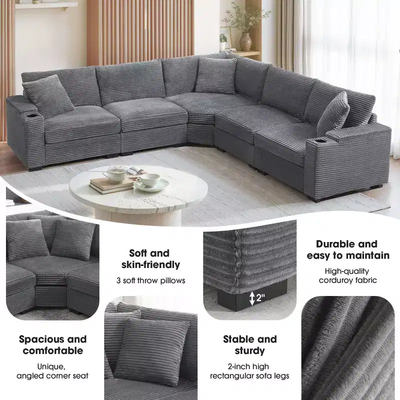 Whisen Oversized Convertible L-shaped Sectional Sofa, Corduroy Corner Couch with Armrest Storage, Cup Holders, USB Charger