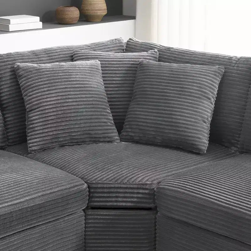Whisen Oversized Convertible L-shaped Sectional Sofa, Corduroy Corner Couch with Armrest Storage, Cup Holders, USB Charger