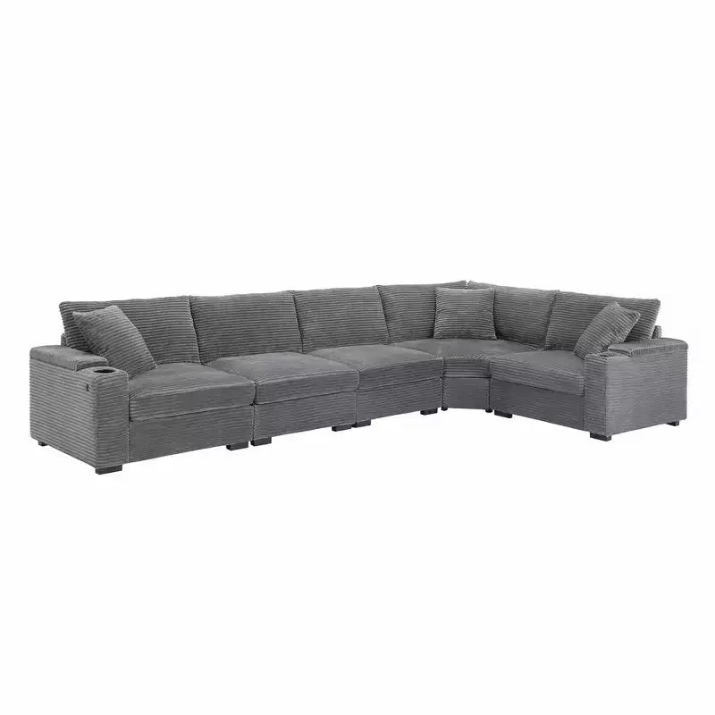 Whisen Oversized Convertible L-shaped Sectional Sofa, Corduroy Corner Couch with Armrest Storage, Cup Holders, USB Charger