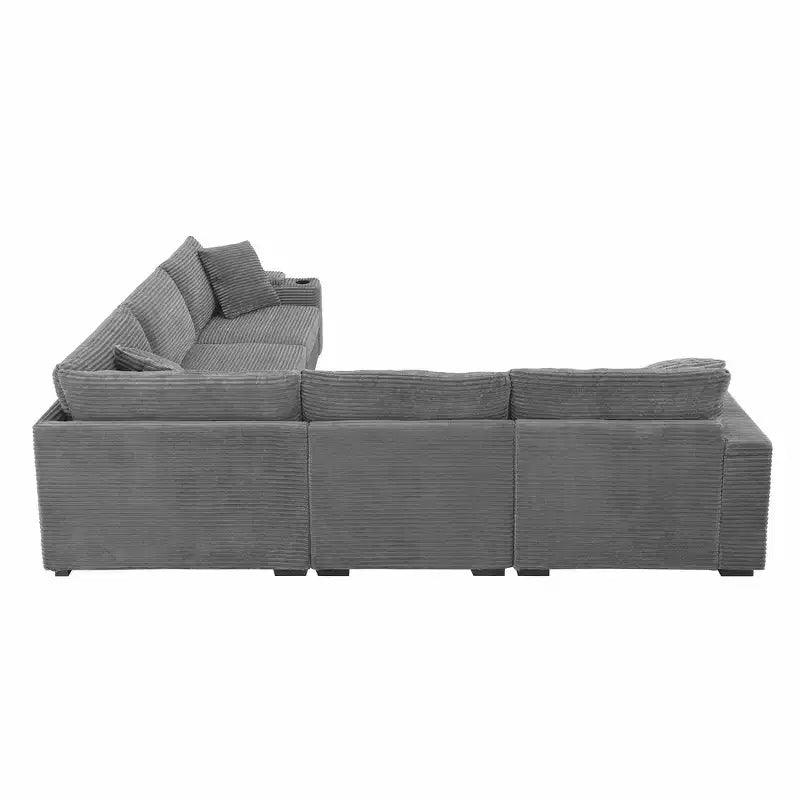 Whisen Oversized Convertible L-shaped Sectional Sofa, Corduroy Corner Couch with Armrest Storage, Cup Holders, USB Charger
